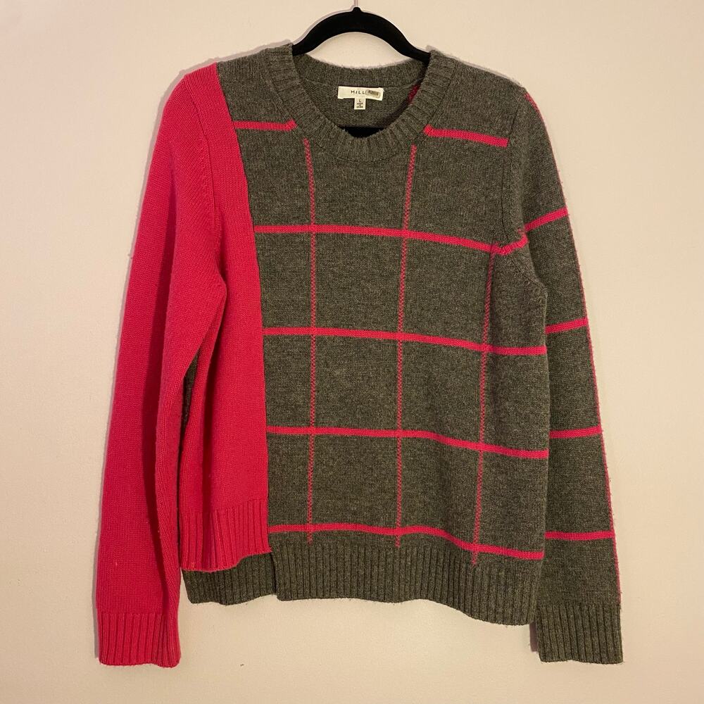 Milly Pink Gray Windowpane Crewneck Sweater Wool Cashmere Women's size Large